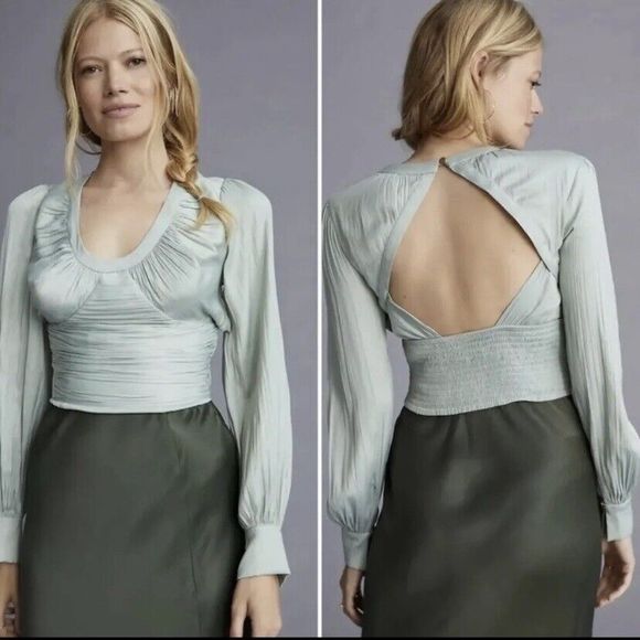 Anthropologie Open Back Corset Style Blouson Sleeve Blouse XXS Silky Ruched Mint - Picture 3 of 12